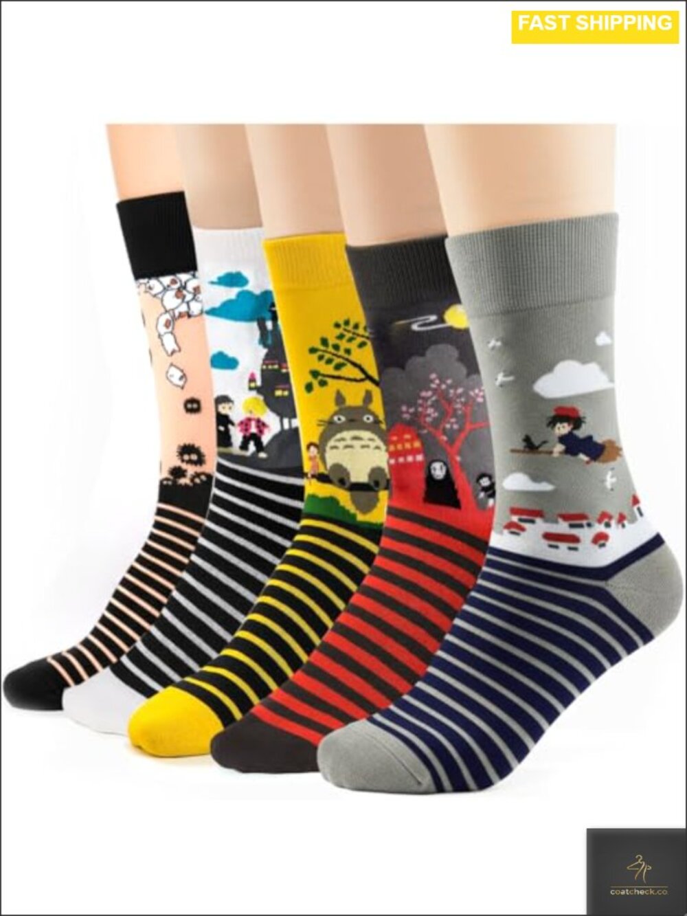 TAUMI Women's 5 Pairs Cotton Crew Socks Striped Patterned Medium High Top